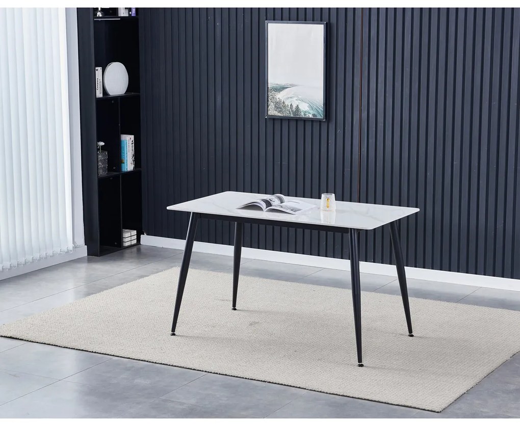 Autronic - Stůl jídelní 130x70x76 cm, deska slinutý kámen v imitaci matného mramoru, černé kovové nohy - HT-403M WT