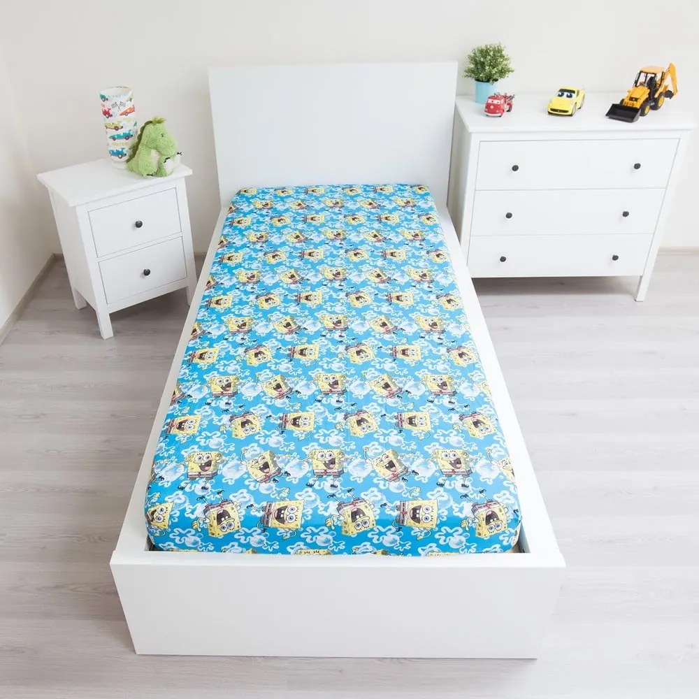 Modrá napínacia bavlnená detská plachta 90x200 cm Sponge Bob "Blue" – Jerry Fabrics