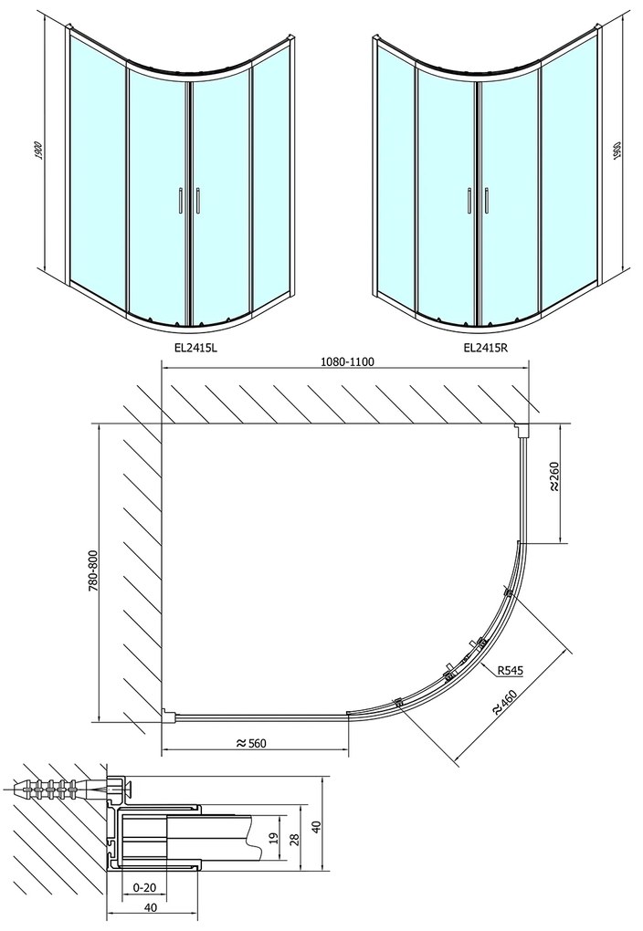 Polysan Polysan, EASY LINE štvrťkruhová sprchová zástena 1100x800mm, L/R, číre sklo, EL2415