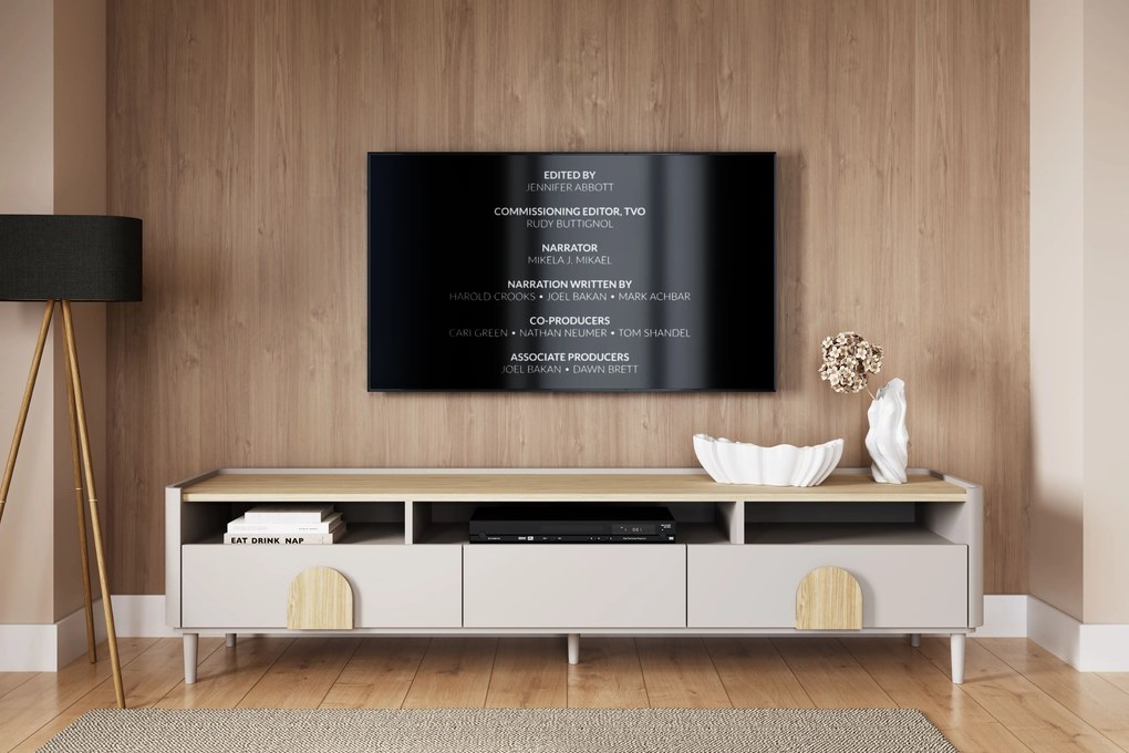TV stolík Amilio 200 cm na nožičkách - kašmírová / dub olejovaný / dub svetlý