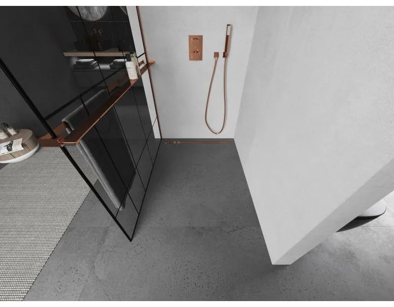 Mexen Kioto+ L, sprchová zástena Walk-In s poličkou a vešiakom 90 x 200 cm, 8mm číre sklo čierny vzor, ružové zlato profil, 800-090-123-60-78