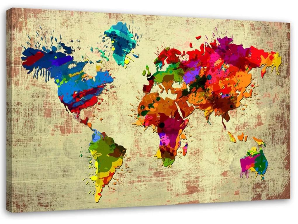 Obraz na plátně Barevná mapa světa Retro - 60x40 cm