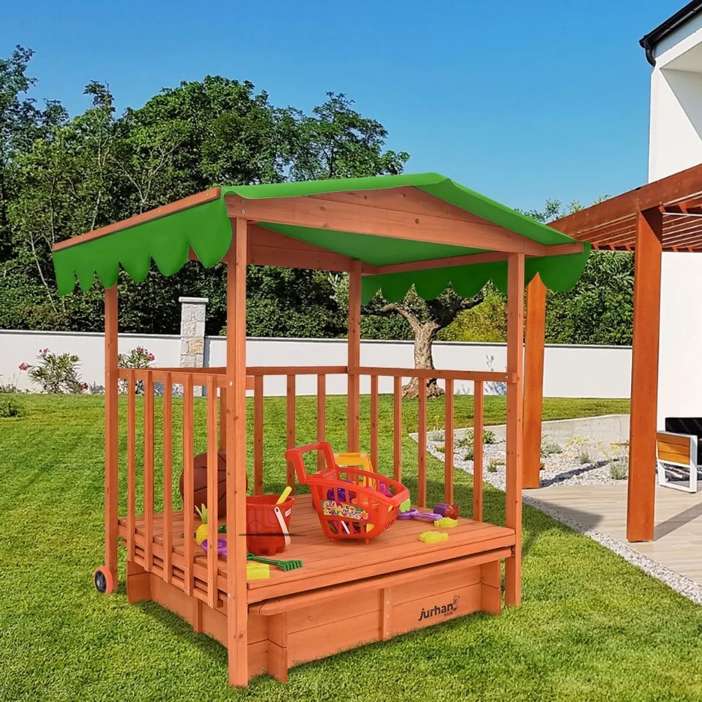 Pieskovisko s verandou HAPPY, 130x130x143cm, hnedá/zelená Jurhan