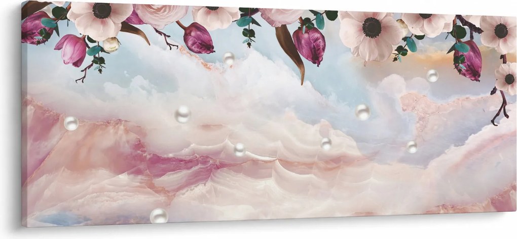 Obraz ružových kvetov s ružovým mramorom (120x50 cm)