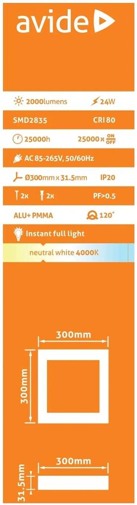 AVIDE Prisadený stropný LED panel, 24W, denná biela, 30x30cm, štvorec, biely
