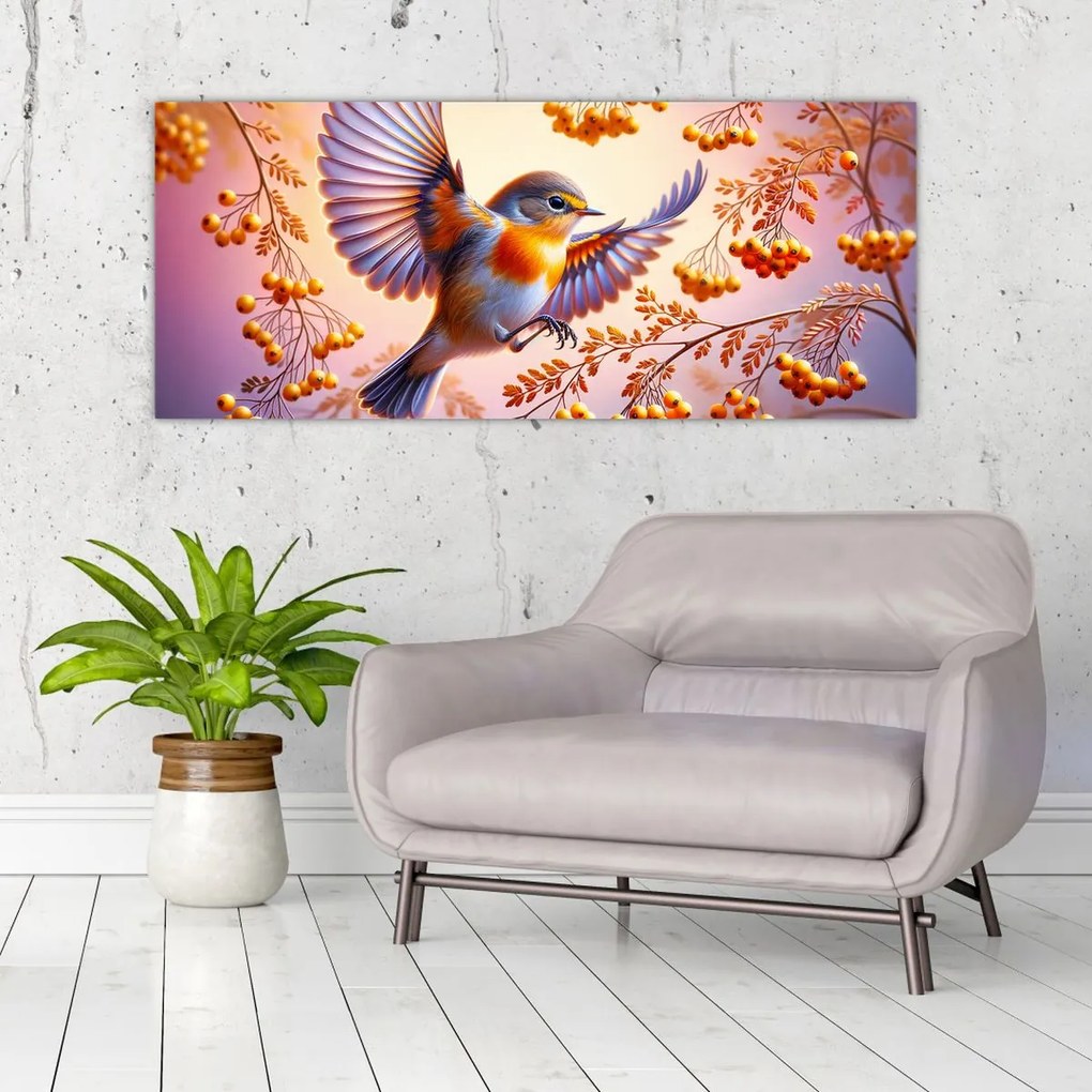 Obraz - Vták s jarabinou (120x50 cm)