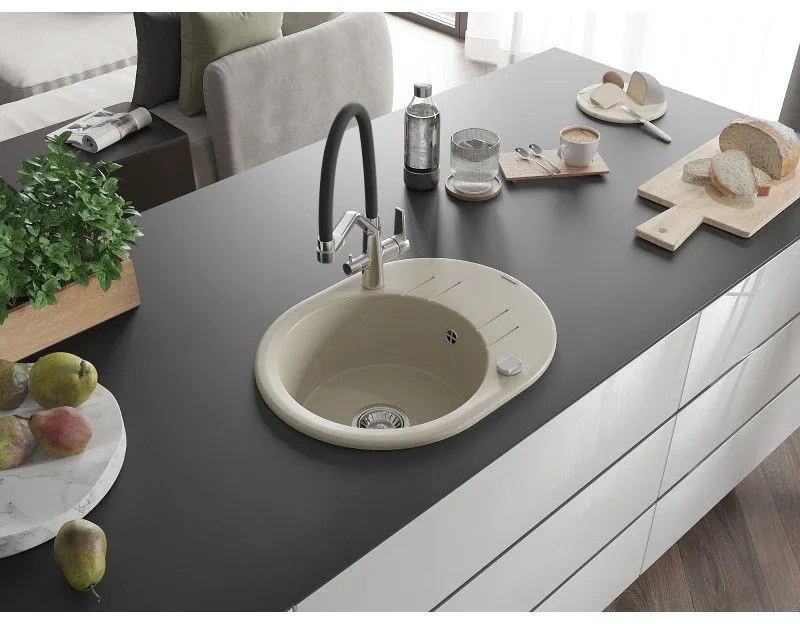 Mexen Kevin, granitový drez 586x458x190 mm, 1-komorový a biela batéria Duo, béžová, 6517-69-671701-07