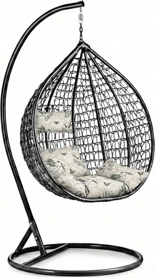 Čierne závesné kreslo KOKON so stojanom, béžový vankúš