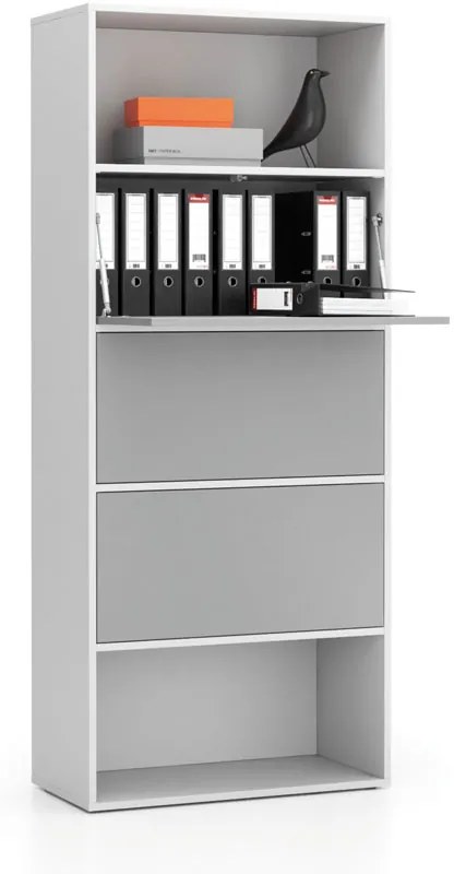 Vysoký kancelársky policový regál LAYERS, 3 boxy, 800 x 400 x 1905, biela / sivá