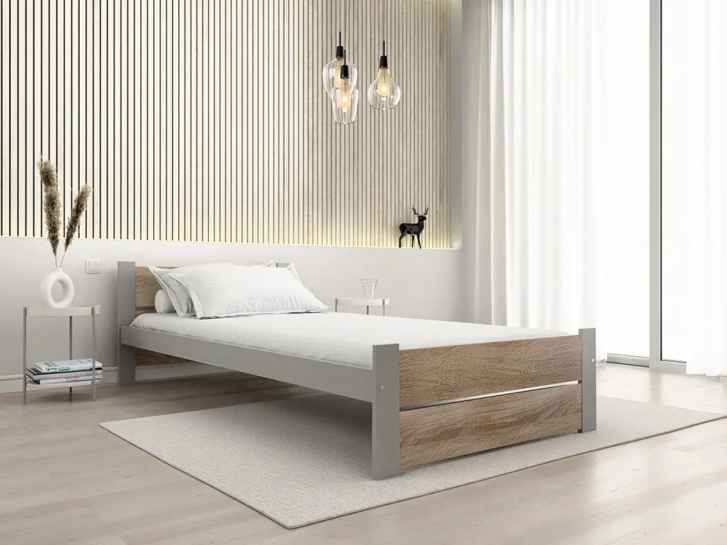 Posteľ IKAROS DOUBLE 90 x 200 cm, dub sonoma/sivá Rošt: S lamelovým roštom, Matrac: Matrac DELUXE 10 cm