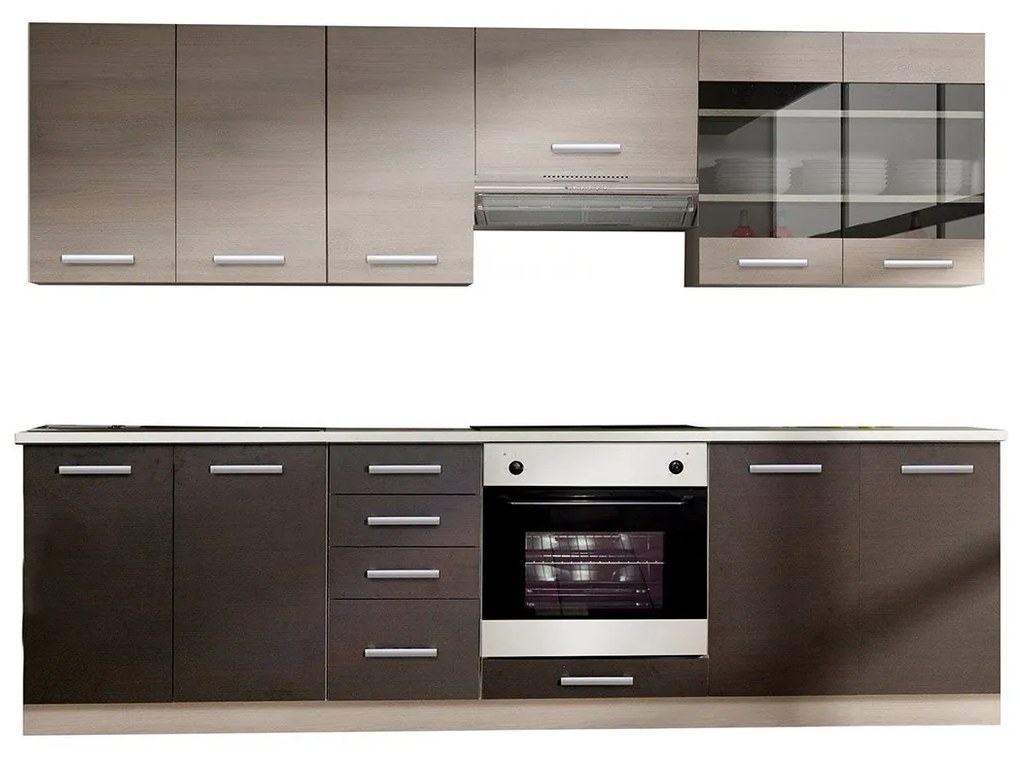 Kuchynská linka Land 260, Farby: dub ferrara / legno tmavé + dub ferrara, Umývadlo: nie, Osvetlenie: osvetlenie LED biele, Príborník: nie