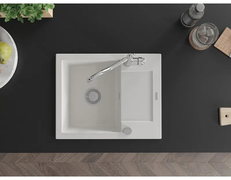 Mexen Enzo, granitový drez 576x465x174 mm, 1-komorový a drezová batéria Carla, biela, 6506-20-670700-00