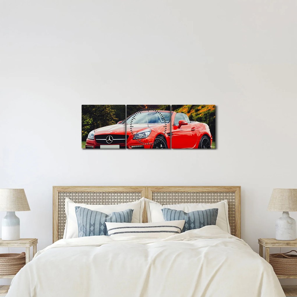 Obraz - červený Mercedes (s hodinami) (90x30 cm)