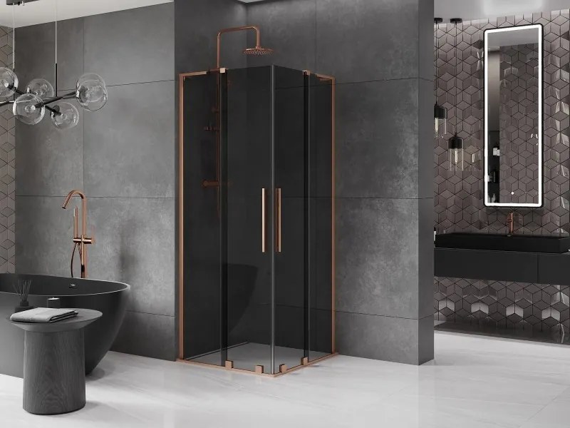 Mexen Velar L Duo, sprchový kút s posuvnými dverami 100 x 100 cm, 8mm šedé sklo, medená matná, 871-100-100-02-43-65