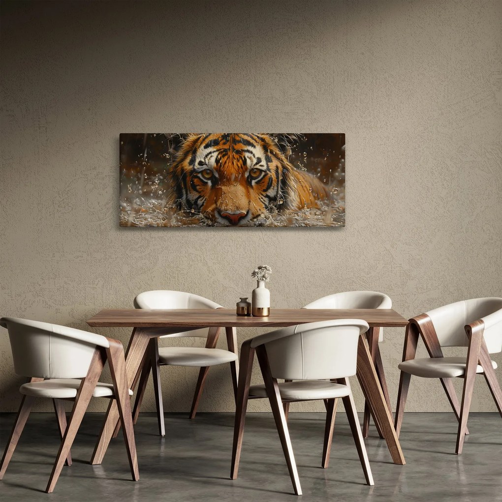 Obraz - Portrét tigra vo vode (120x50 cm)