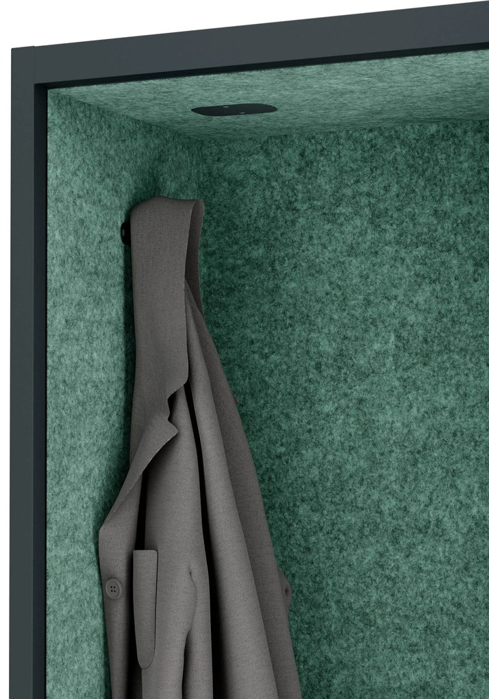Kancelárska akustická kabína so sedadlom a portom USB-C, telo v čierny farbe / sedadlo v zelenej farbe, 1150 mm: SALLY MentalBox