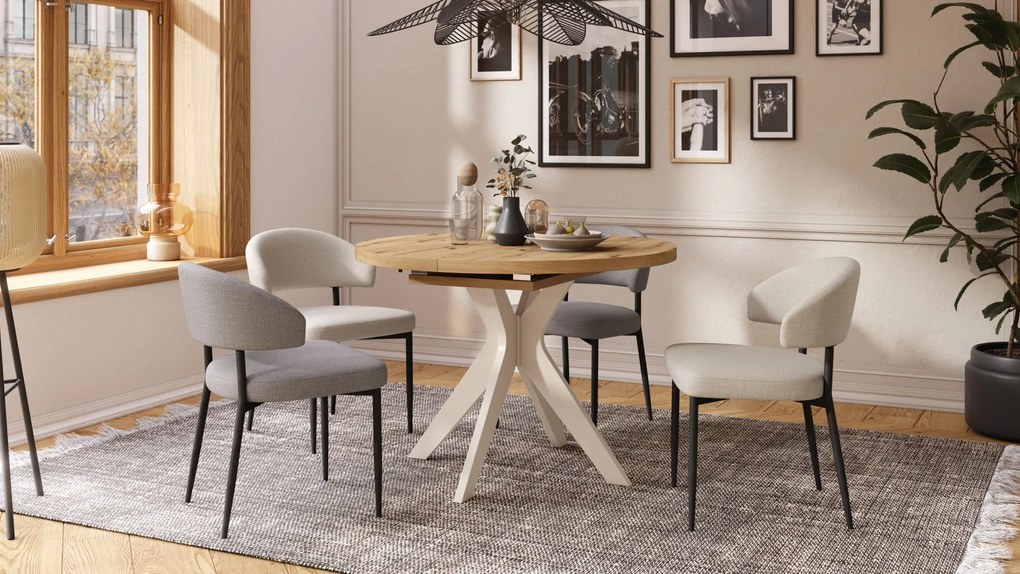 RENZO Dub Artisan/béžová noha (šampanské) - OKRÚHLY STÔL Ø110 ROZKLADACÍ DO 180 cm | DO KUCHYNE JEDÁLNE OBÝVAČKY RETRO