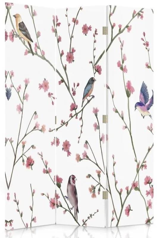Ozdobný paraván Ptáci Květiny - 110x170 cm, trojdielny, obojstranný paraván 360°