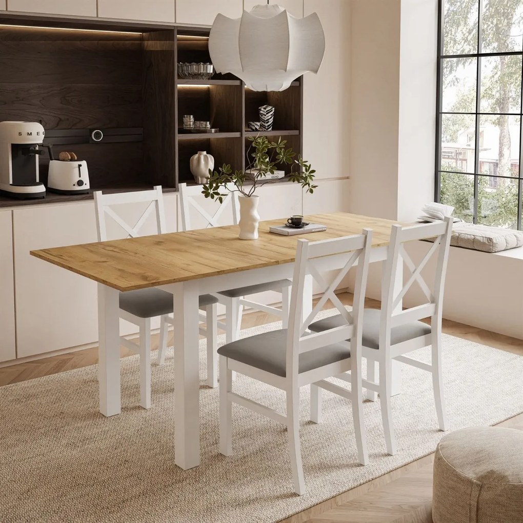 ROZKLÁDACÍ JEDÁLENSKÝ STÔL DANILO BIELY + DUB CRAFT ZLATÝ 140 / 195 cm + 4 STOLIČKY PAROS 02