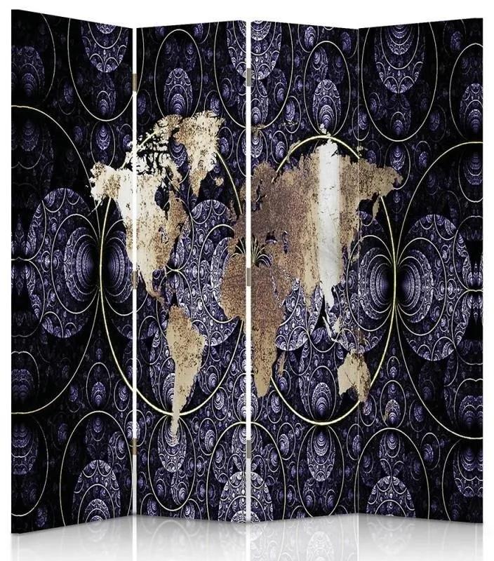 Ozdobný paraván, Elegantní mapa světa - 145x170 cm, štvordielny, obojstranný paraván 360°