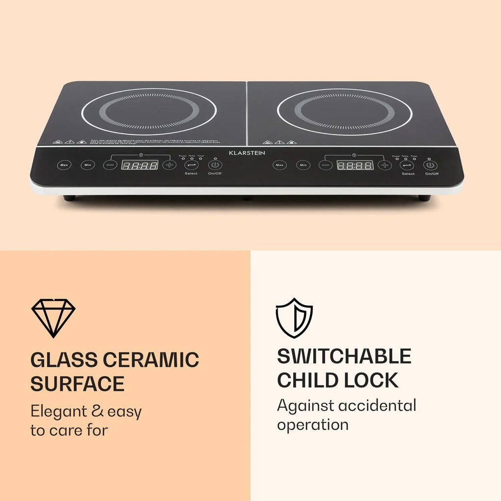 Klarstein VariCook Slim, indukčný varič, 3500 W, 240 °C, 2 platne, časovač, dotykové ovládanie