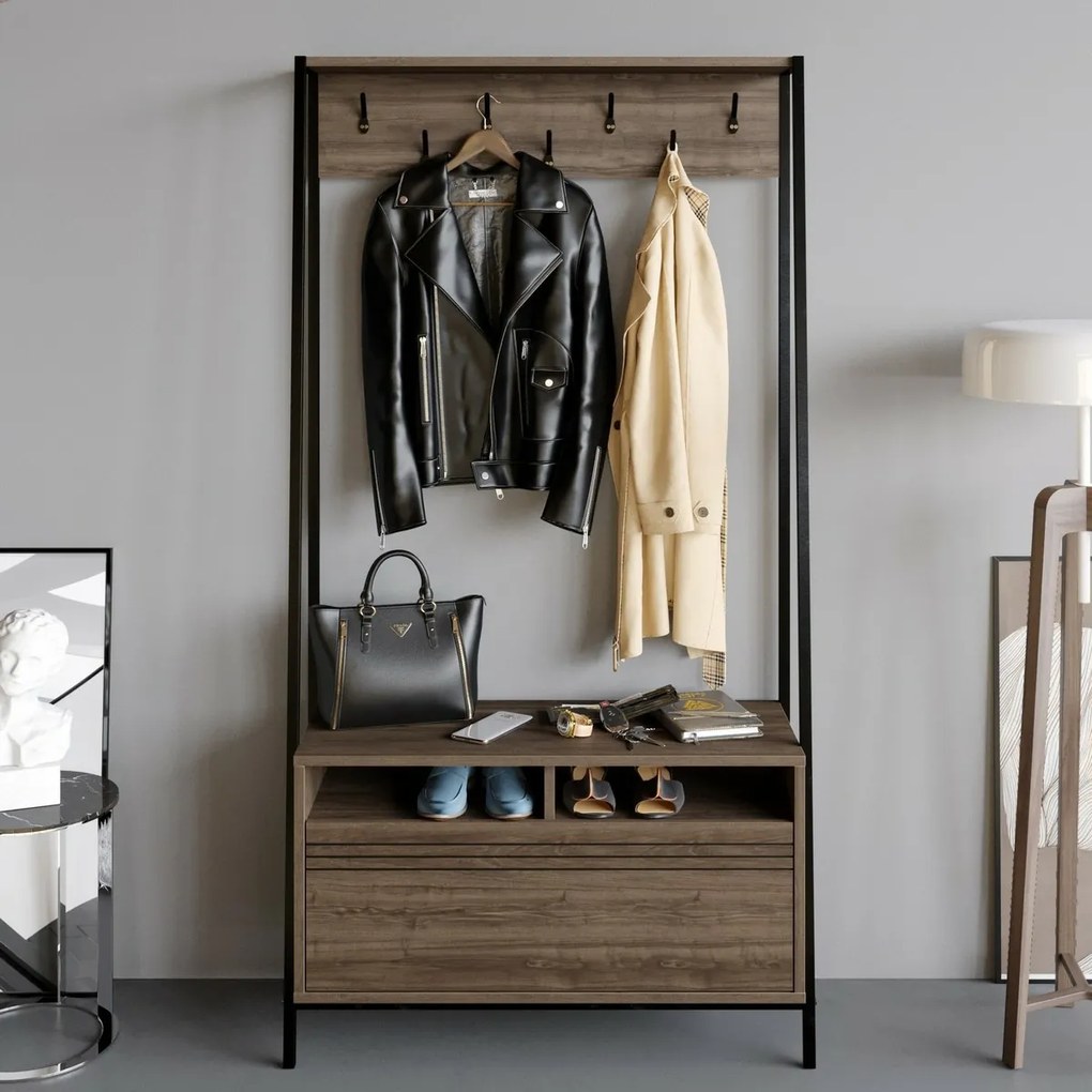 Vešiak s botníkom Devin Walnut and Black