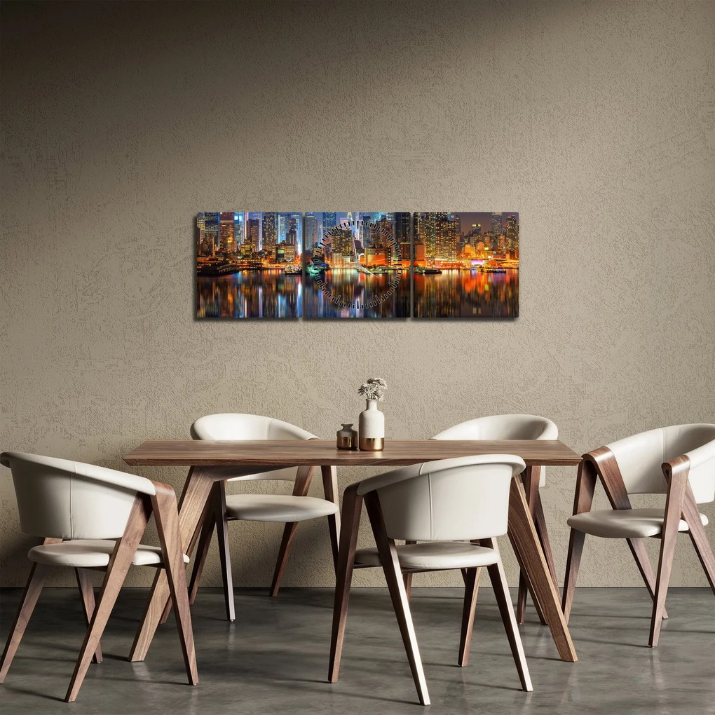 Obraz Manhattanu v noci (s hodinami) (90x30 cm)