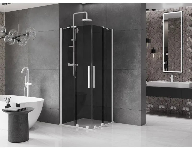 Mexen Velar Duo, sprchový kút s posuvnými dverami 90 x 90 cm, 8mm šedé sklo, biela matná, 871-090-090-42-20