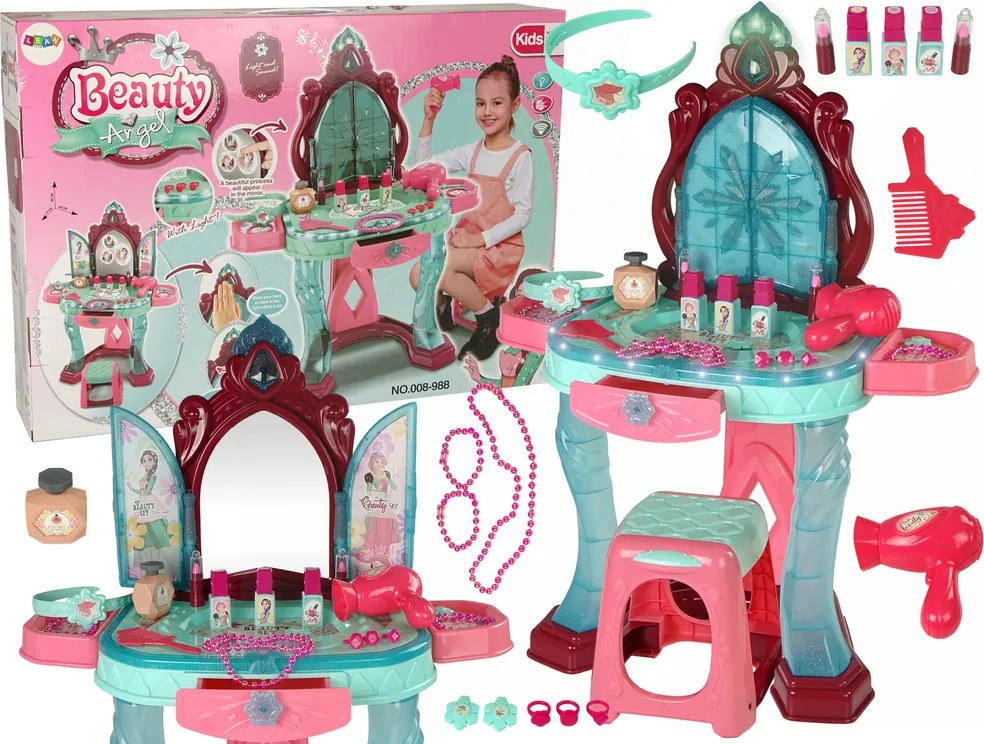 LEAN Toys Kozmetická súprava toaletný stolík so zrkadlom, svetlom, zvukom a šperkami