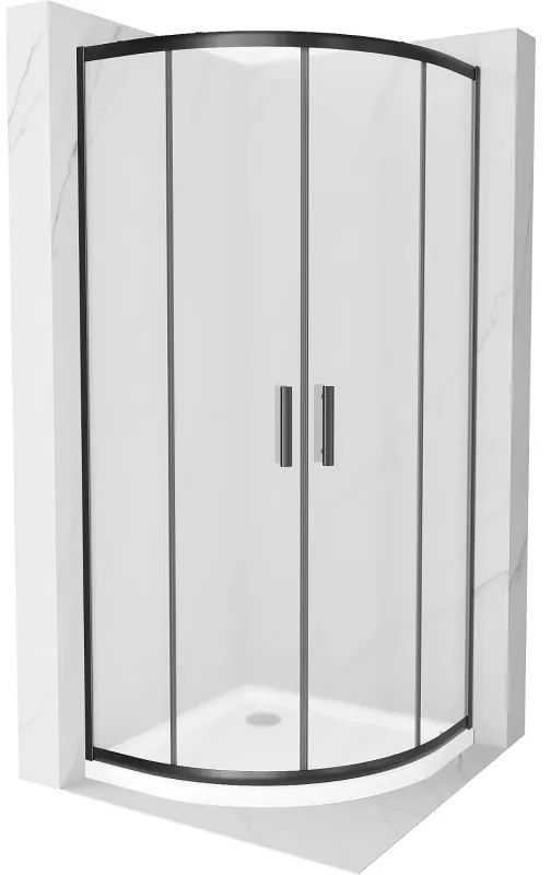 Mexen Rio, štvrťkruhový sprchovací kút s posuvnými dverami 90(dvere) x 90(dvere) x 190 cm, 6mm sklo námraza, čierny profil + biela sprchová vanička SLIM, 863-090-090-70-30-4110B