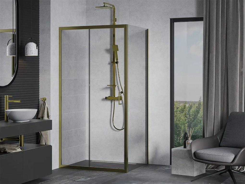 Mexen Apia sprchovací kút s posuvnými dverami 95 (dvere) x 100 (stena) cm, 5mm číre sklo, zlatý profil, 840-095-100-50-00