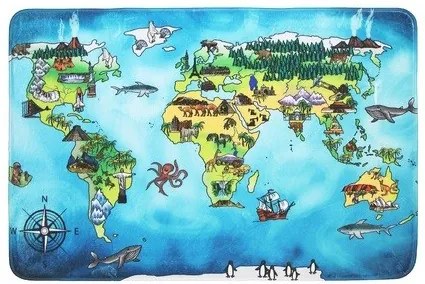 BO-MA, Protišmykový kusový koberec World map, 76,5x117, modrá, viacfarebná, detská izba