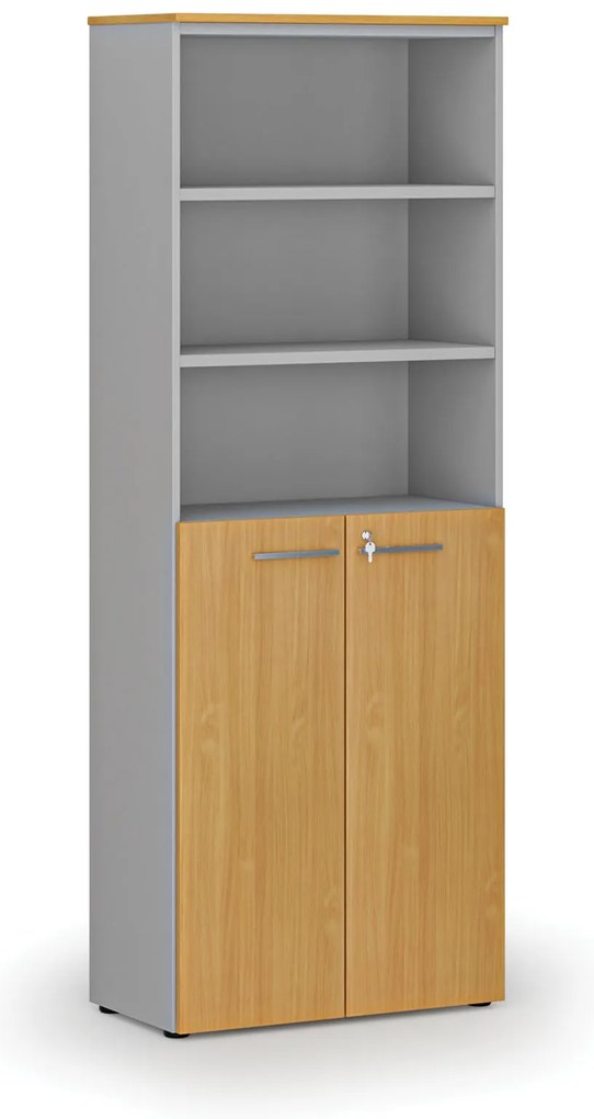 Kombinovaná kancelárska skriňa PRIMO GRAY, dvere na 3 poschodia, 800 x 420 x 2128 mm, sivá/buk