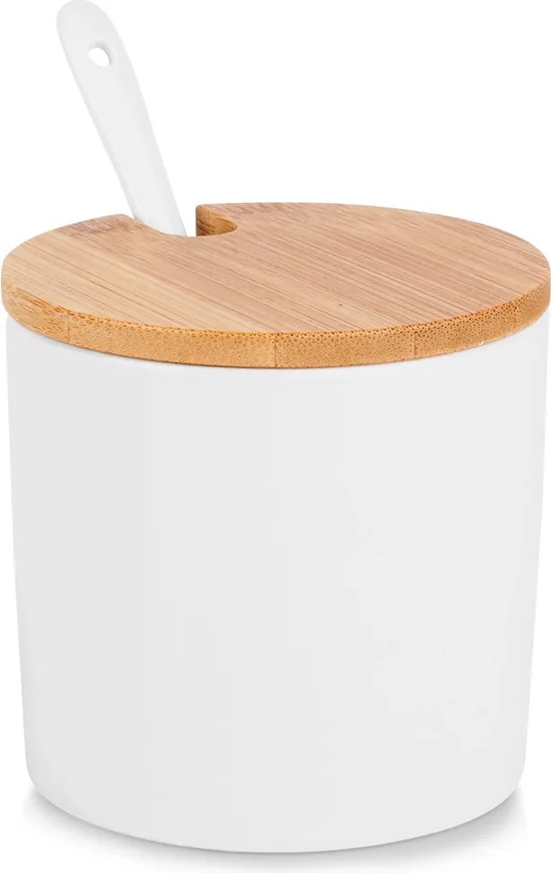 VILDE Guľatá keramická cukornička s bambusovým viečkom a lyžičkou, 250ML biela
