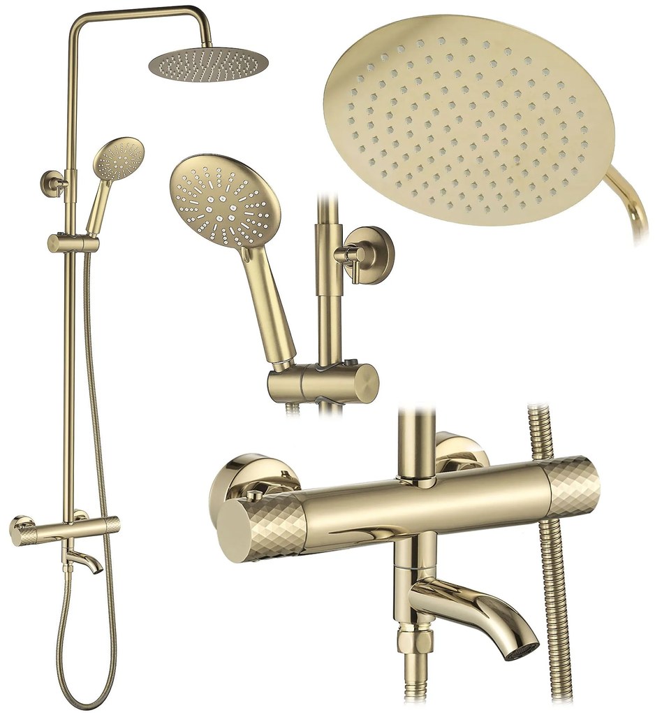 Rea Lungo Diamond, sprchová/vaňová sada s termostatickou batériou, hlavovou a ručnou sprchovou hlavicou, zlatá lesklá, REA-P5960