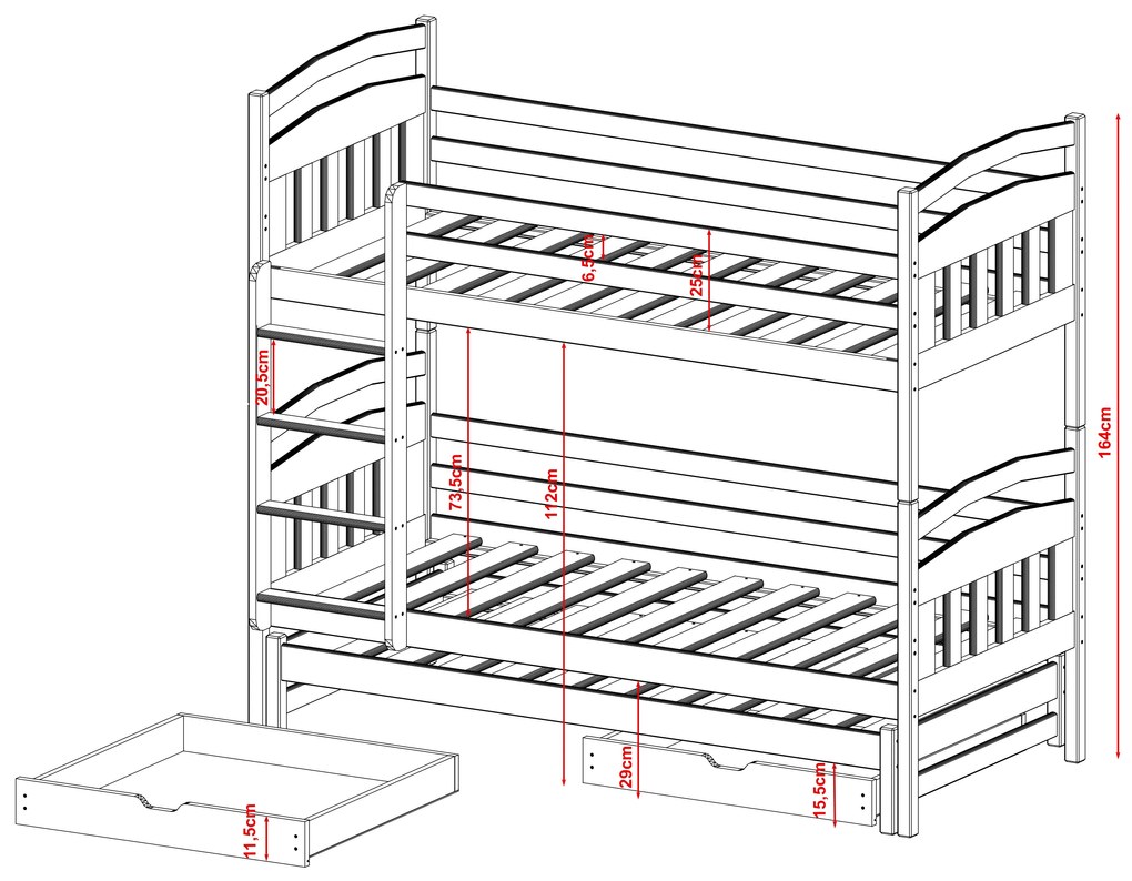 Detská poschodová posteľ z masívu borovice s prístelkou a šuplíky ALDA - 200x90 cm - biela