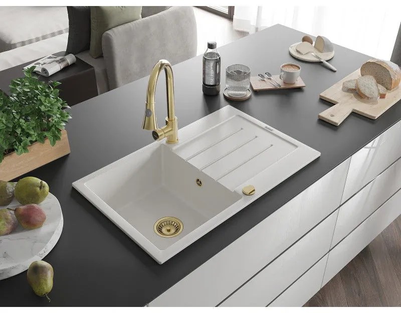 Mexen Bruno, 1-komorový granitový drez 795x495x200 mm a drezová batéria Elia, biela, 6513-20-670101-50