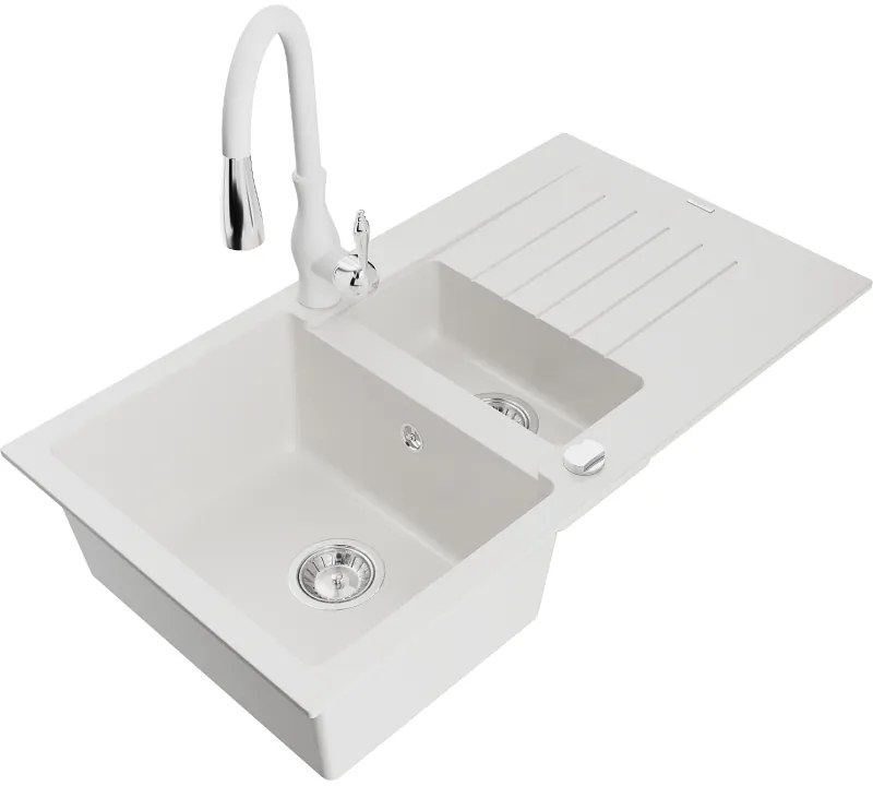 Mexen Matias, 1,5-komorový granitový drez 900x505x200 mm a drezová batéria Savita, biela, 6502-20-672601-20