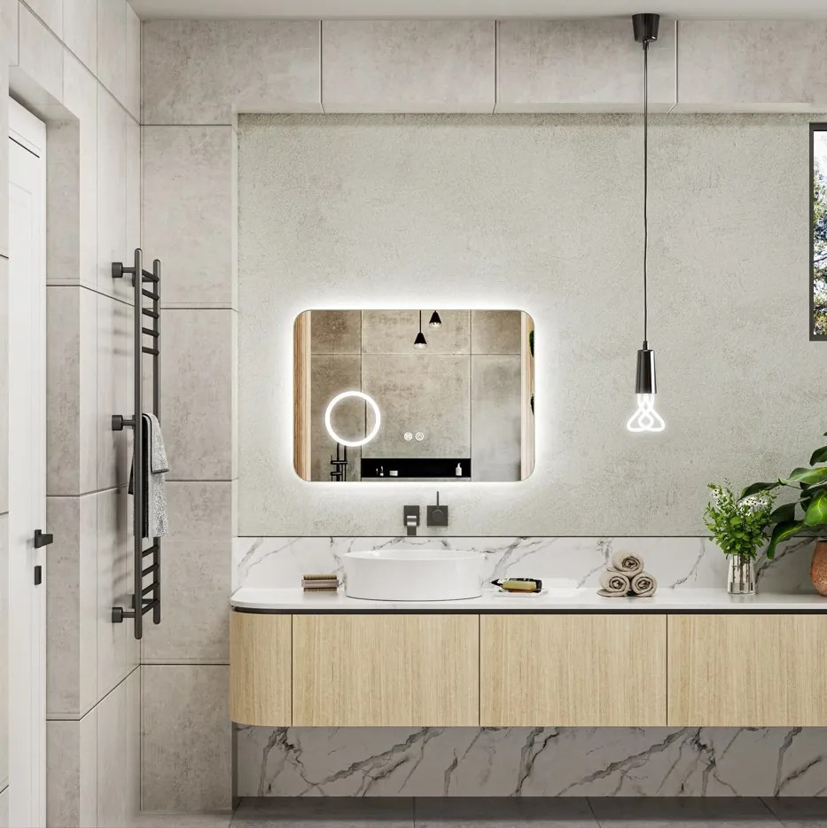 Erga Myra, LED zrkadlo 70x50 cm s kozmetickým zrkadlom 3x zväčšenie, 2662 lm, 3 farby svetla, zadné osvetlenie, ERG-V01-MYRA-7050-00