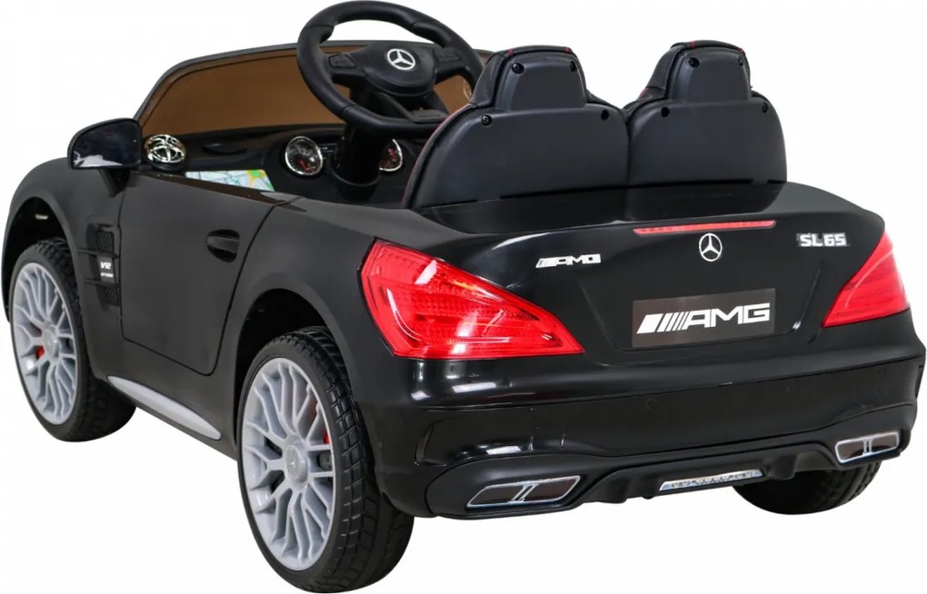 Ramiz Mercedes Benz AMG SL65 S elektrický pre deti Čierna + diaľkové ovládanie + LED Audio + Eco koža + EVA + pomalý štart