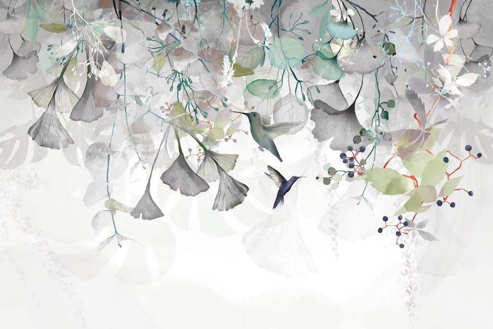 Samolepiaca tapeta listy s kolibríkmi v šedo-zelenom