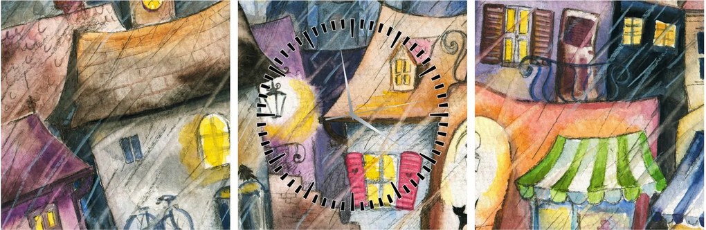 Obraz - Daždivý večer (s hodinami) (90x30 cm)