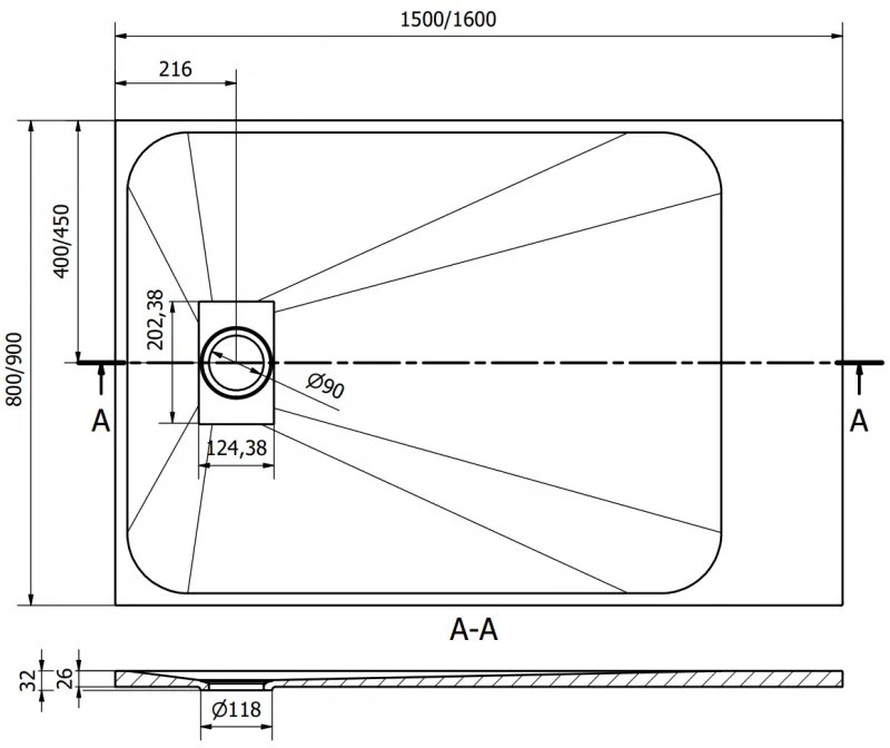 Mexen Hugo, obdĺžniková sprchová vanička SMC 160 x 90 cm, čierna, čierna krytka, 42709016-B