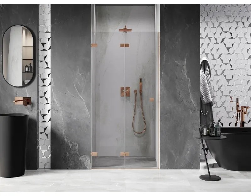 Mexen Lunar-F, skladacie ľavé sprchové dvere 100 cm, 8mm číre sklo, medený matný profil, 836-100-000-65-00-L