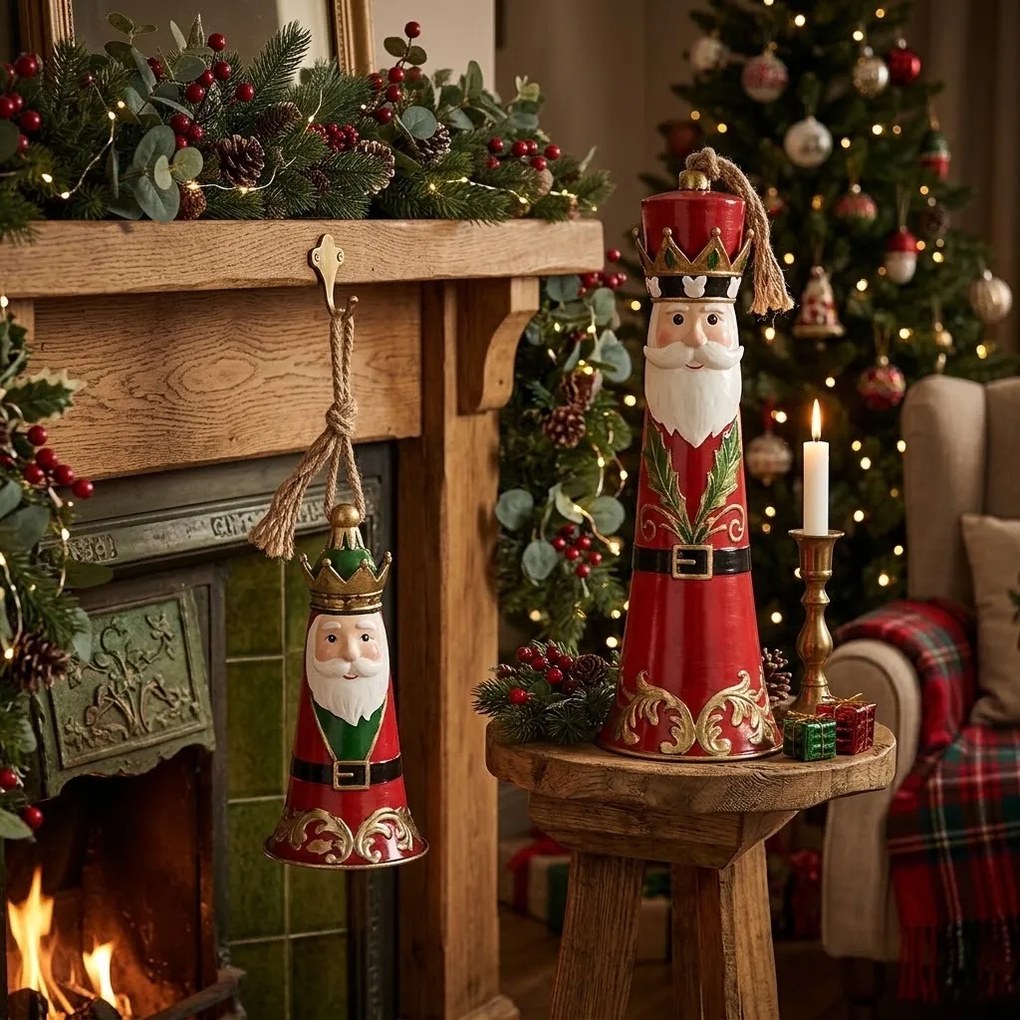 Kúzelný červený kovový vianočný zvonček Santa v podobe kráľa - Ø 13*26 cm