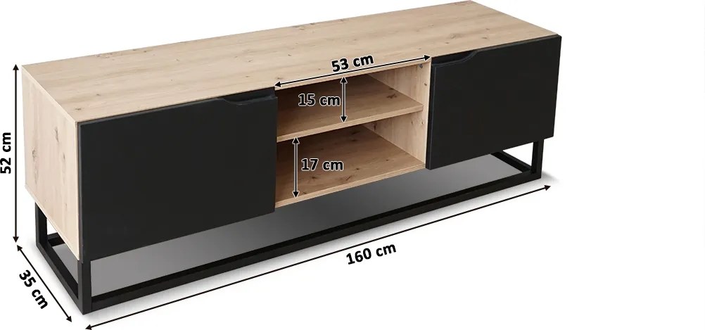 TV stolík Loftia Mini 160 cm na kovových nožičkách - dub artisan / čierny mat