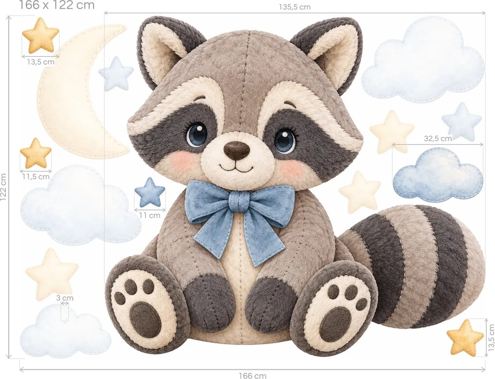 Plyšový mýval s mesiačikom sivomodré uspávacie textilné nálepky na stenu pre chlapčekov arch 46 x 34 cm
