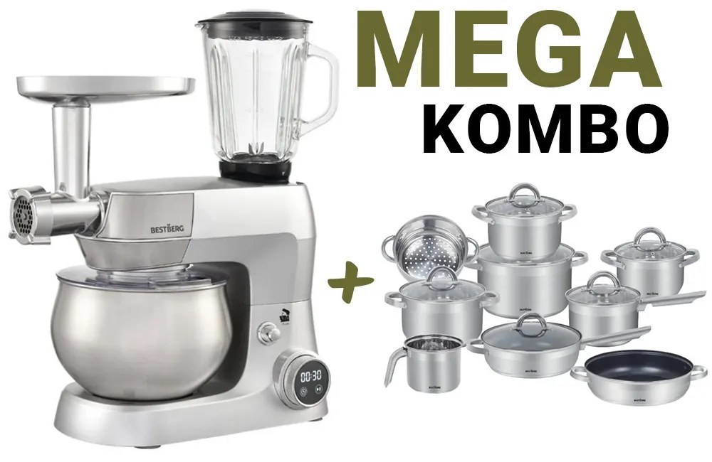MEGAKOMBO Multifunkčný kuchynský robot BestBerg BBR-1900S + 15dielna sada nerezových hrncov a nepriľnavých panvíc BestBerg BBSC-15 / strieborná