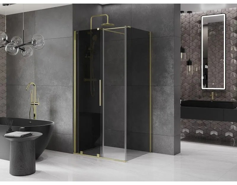 Mexen Velar, sprchový kút s posuvnými dverami 130 x 85 cm, 8mm šedé sklo, zlatá matná, 871-130-085-41-55