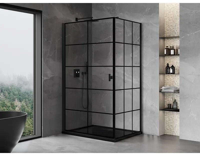 Mexen Mist-B, 1-krídlový výklopný sprchový kút, ľavý, 70 x 100 cm, číre sklo-čierna mriežka, 8A2T-070-100-70-77-L